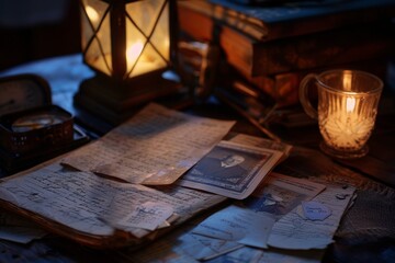 Vintage letters and lantern on antique desk in warm candlelight