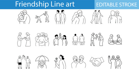Fototapeta premium Friendship Line Art Icons Editable Stroke Vector