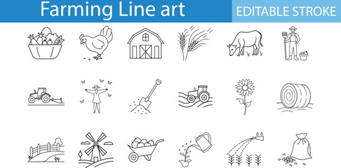 Farm Line Art Icons Editable Stroke Set