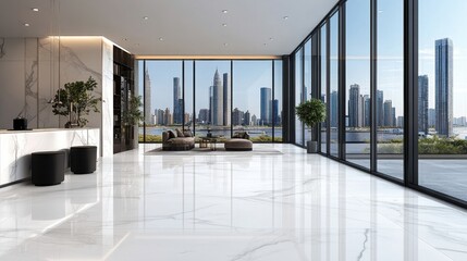 Gleaming marble floor against a backdrop of skyscrapers and a clear blue sky, showcasing urban elegance and space.