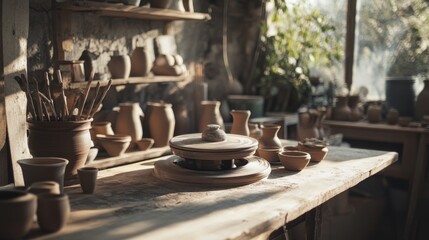 Fototapeta premium A serene pottery studio with spinning wheels and crafted clay pieces, Artisan tools arranged in a rustic workshop, Craftsmanship ambiance style