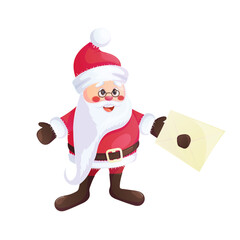 Funny happy Santa Claus with a letter. Design of a Christmas card, banner, flyer with cartoon vector illustration