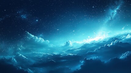 The sky transitioning from day to night, with a deep blue hue and the faint glow of stars and the galaxy.