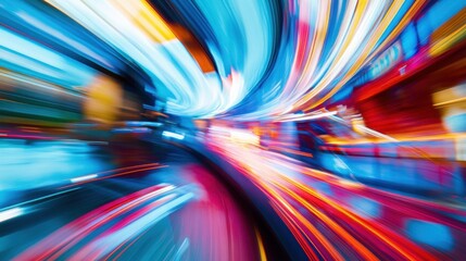 High-speed light trails in blue and red streak across the scene, creating a futuristic, dynamic sense of motion.