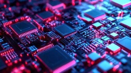 Obraz premium Close-up of a circuit board with neon pink and blue lighting.