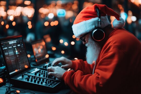 In a bustling holiday environment, Santa Claus is seen skillfully adjusting the controls of a DJ synthesizer, his Santa hat, and headphones illuminating his focus.