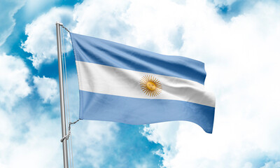 Argentina flag waving on sky background. 3D Rendering