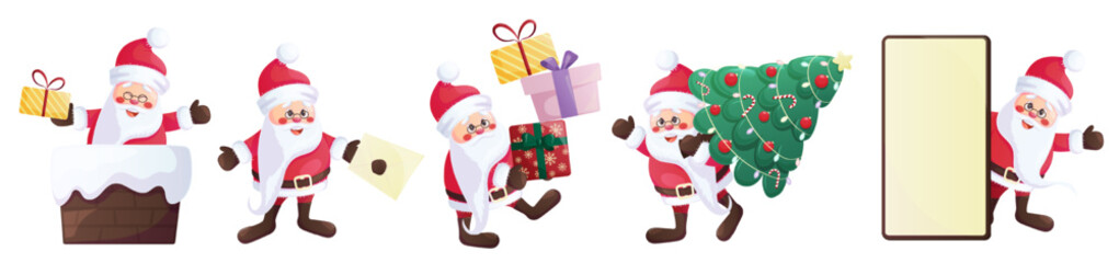 Merry Christmas. A fun set of activities for the happy Santa Claus. Christmas card, banner, flyer design with cartoon vector illustration