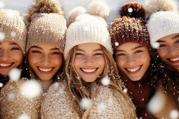 A joyful group of five women wearing knitted hats and warm sweaters, smiling happily together in a snowy setting, capturing the essence of friendship and winter delight.