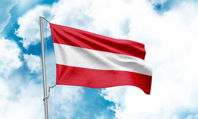 Austria flag waving on sky background. 3D Rendering
