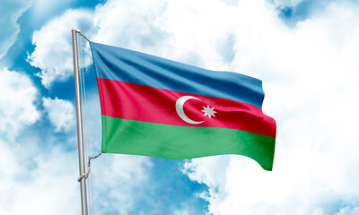 Azerbaijan flag waving on sky background. 3D Rendering