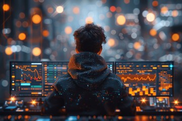 Young man in dark hoodie analyzing data on multiple screens with digital interface and vibrant orange and blue bokeh lights in futuristic control roomtechnology