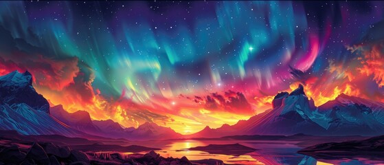 Vibrant aurora borealis display over a mountain range and lake.