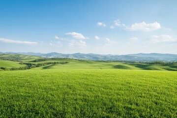 Obraz premium Scenic green countryside landscape with rolling hills and blue sky