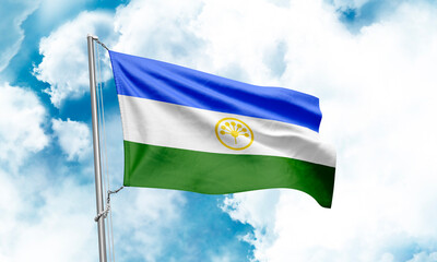 Bashkortostan flag waving on sky background. 3D Rendering