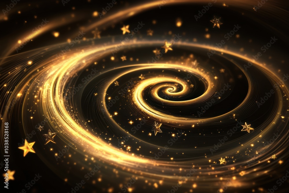 Fototapete Golden spirals and shimmering stars blend together in an abstract Christmas design, creating a mesmerizing visual effect in the darkness. Generative AI