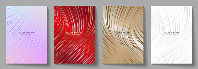 Elegant cover design set with wavy gold, red, pink, silver modern luxury vector art background. Premium fashionable template for cover design, invitation, flyer, wedding card, note book, menu design.
