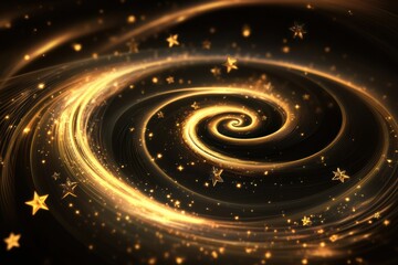 Golden spirals and shimmering stars blend together in an abstract Christmas design, creating a mesmerizing visual effect in the darkness. Generative AI