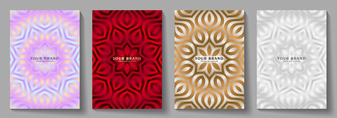 Elegant cover design set with gold, red, pink, silver modern luxury vector art background. Premium fashionable pattern template for cover design, invitation, flyer, wedding card, note book, menu.