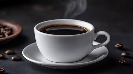 Coffee cup and saucer on a dark background with coffee beans