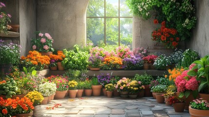 Fototapeta premium Sunlit Greenhouse with Vibrant Flowers