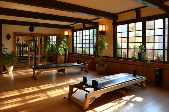Sunlit pilates studio with reformer machines and indoor plants