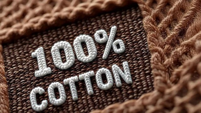 A brown knitted background embroidered with 100% COTTON in white knitting font.