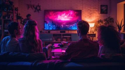 Group of friends enjoying a cozy night in with vibrant video game on large screen TV, living room ambiance with warm lightingfriends
