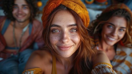 Fototapeta premium Young Adults in Vibrant Autumn Attire Enjoy a Cozy Moment Together, Embracing Friendship and Warmth with Cheerful Smiles Outdoorsfriends