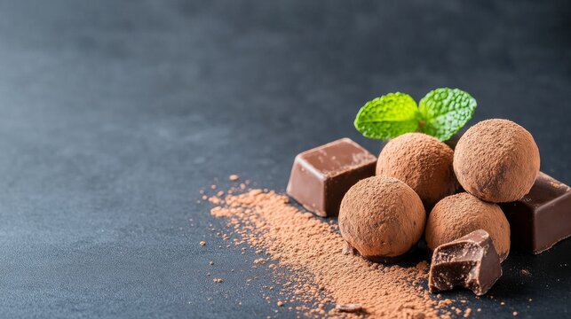 Decadent chocolate truffles with cocoa powder and mint garnish