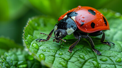 A high-quality macro photo of a ladybug sitting on a clover leaf, surrounded by a green meadow. The scene captures the vibrant greens and the detailed features of the ladybug.