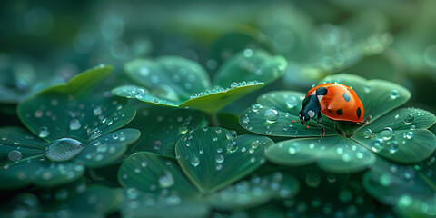 A high-quality macro photo of a ladybug sitting on a clover leaf, surrounded by a green meadow. The scene captures the vibrant greens and the detailed features of the ladybug.