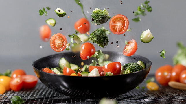 Fresh vegetables being tossed in a black bowl during a culinary preparation session