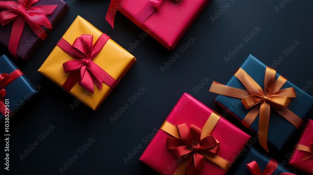 Poster colorful gift boxes tied with bows are thoughtfully arranged on a dark surface, creating a joyful at
