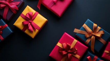 Colorful gift boxes tied with bows are thoughtfully arranged on a dark surface, creating a joyful atmosphere ideal for any celebration. Generative AI