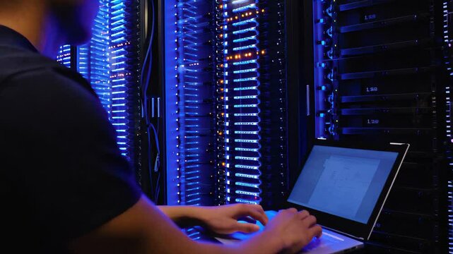 A database administrator managing data systems in a secure server room, overseeing operations and updates