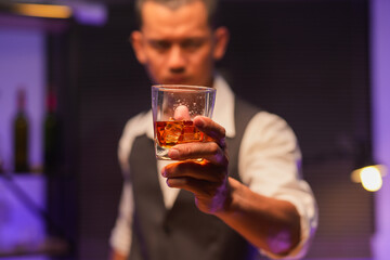 Bartender Serve Whiskey, on wood bar, 
