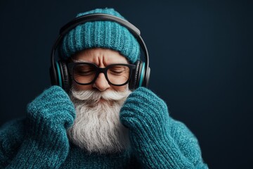 An elderly man with a white beard, wearing a blue knit sweater and beanie, enjoys music through headphones, exhibiting serenity and deep concentration.