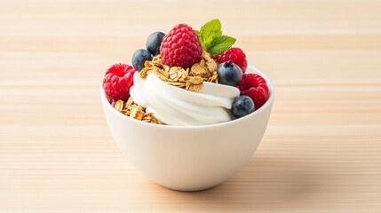 Creamy yogurt topped with fresh berries and granola
