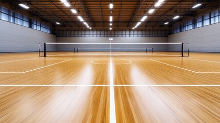 A state-of-the-art indoor volleyball court with a wooden floor, white net, and vivid court markings