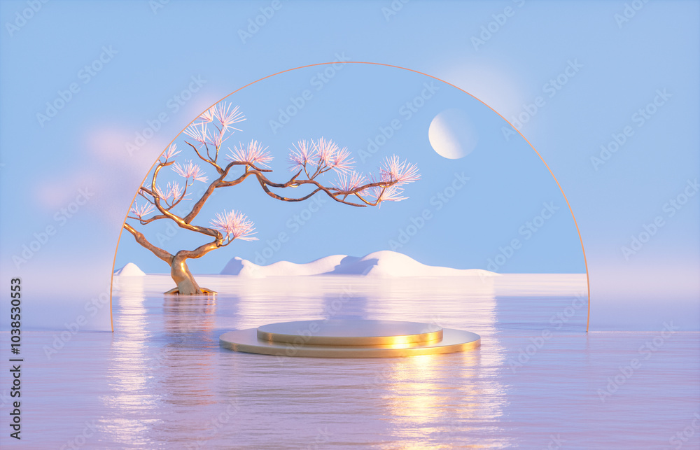 Poster Natural podium backdrop for product display with Autumn seascape scene. 3d rendering