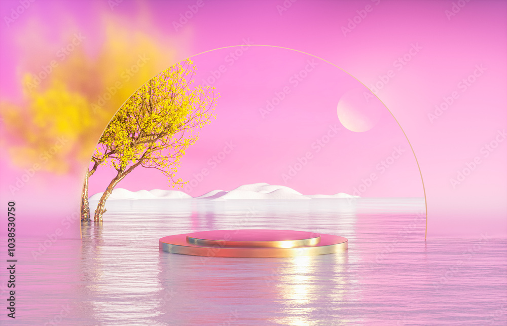 Aufkleber Natural podium backdrop for product display with Autumn seascape scene. 3d rendering