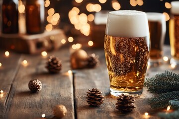 Glasses of chilled beer sit on a wooden table surrounded by pine cones and festive lights, evoking...