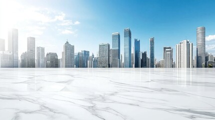 Polished marble floor extending towards a stunning urban skyline, bright blue sky adding to the sleek modern look.