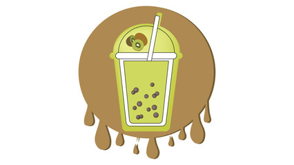 Milk bubble tea logo with kiwi flavor on background of splashes, sweet cold drink with tapioca pearl balls, Asian street food from Taiwan, boba beverage in colorful cup with floating balls