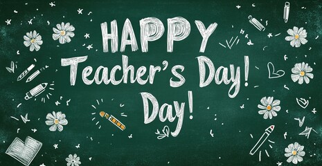 A green chalkboard background with HAPPY Teacher's Day! written in white chalk, with small flowers and an emblem of pencils and books drawn on the board.