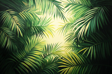 A realistic oil painting showcasing palm leaves at eye level, with intricate details and rich hues that pop off the canvas