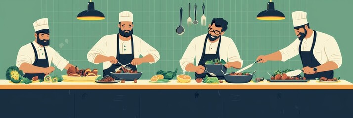Professional Chefs Cooking in a Modern Kitchen with Fresh Ingredients – Culinary Team Collaboration and Gourmet Food Preparation Concept. National Men Make Dinner Day