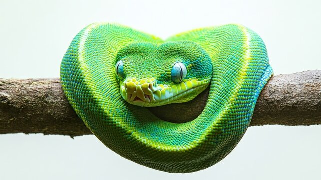 Amazon tree boa coiled up on a branch, its vivid patterns popping against the white background.