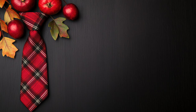 A festive arrangement featuring a red plaid tie, red apples, and autumn leaves on a dark background, evoking a seasonal and playful theme. - Powered by Adobe